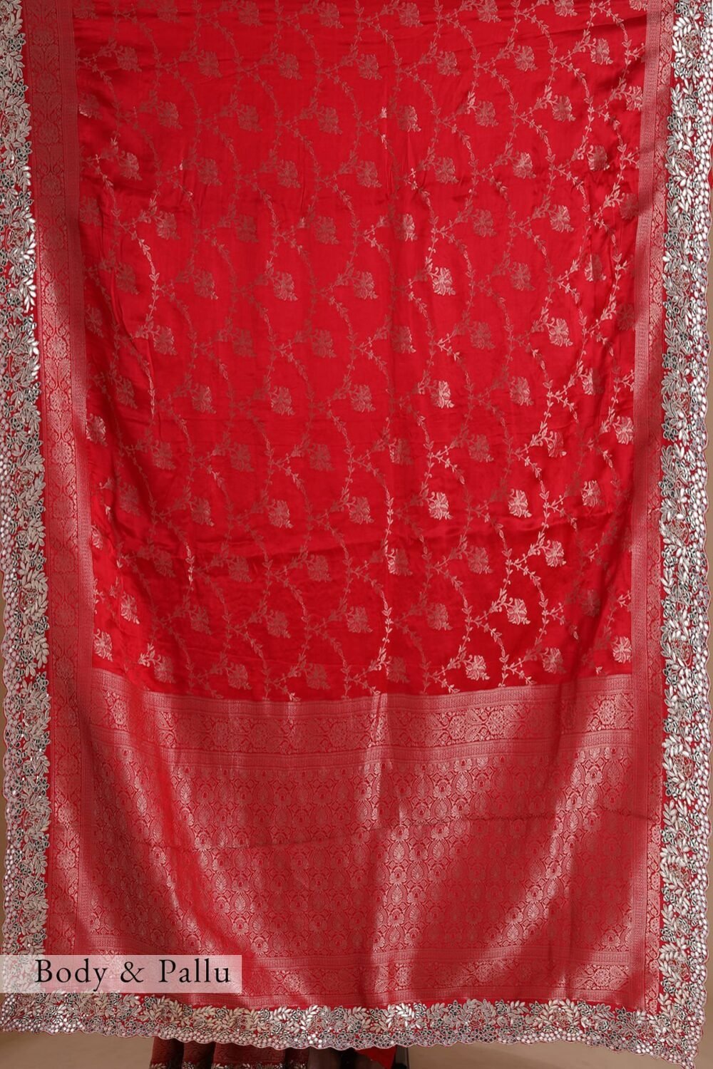 Crimson Red Gota Embroidered Satin Silk Saree - Image 2