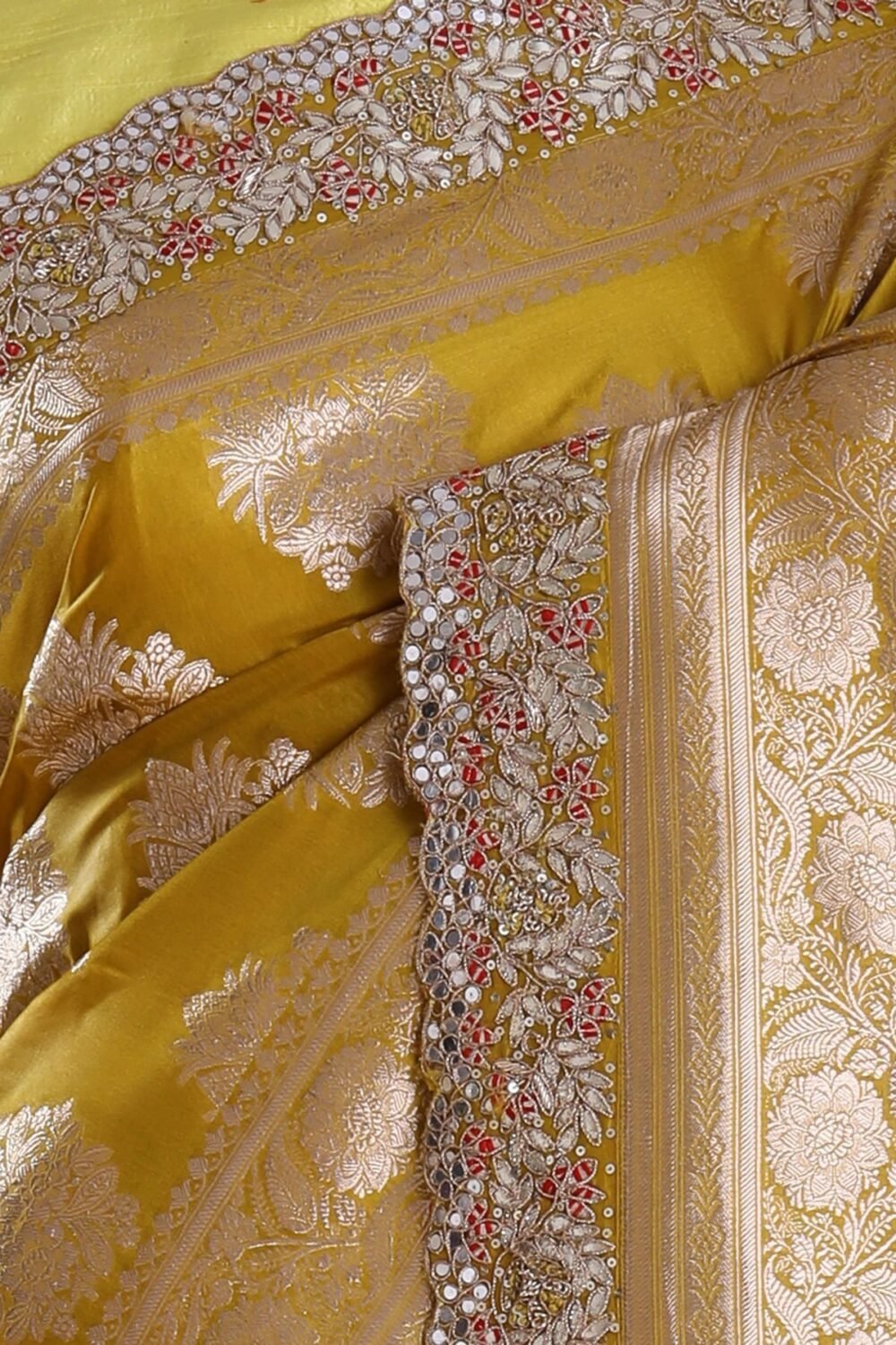 Antique Moss Yellow Gota Embroidered Banarasi Silk Saree - Image 4