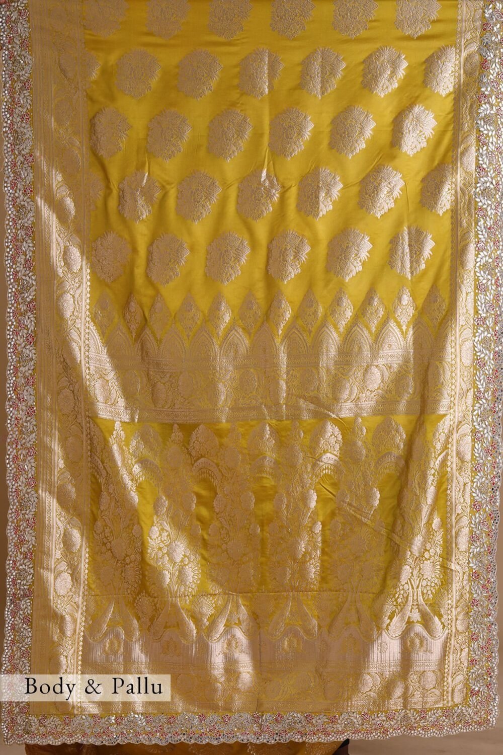 Antique Moss Yellow Gota Embroidered Banarasi Silk Saree - Image 2