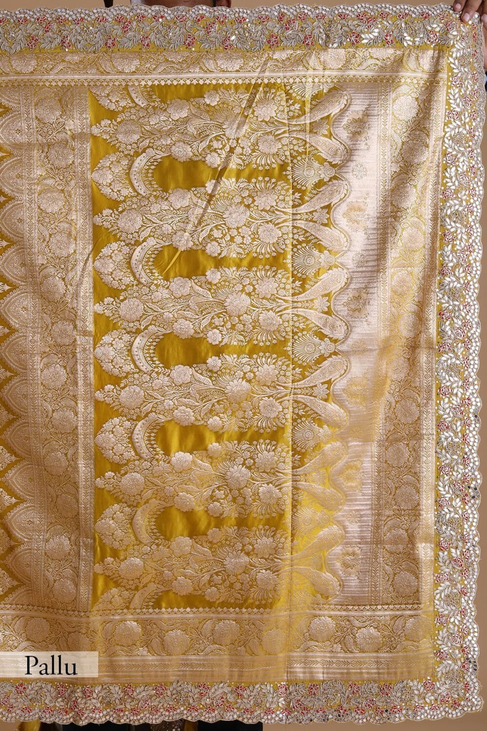 Antique Moss Yellow Gota Embroidered Banarasi Silk Saree - Image 5