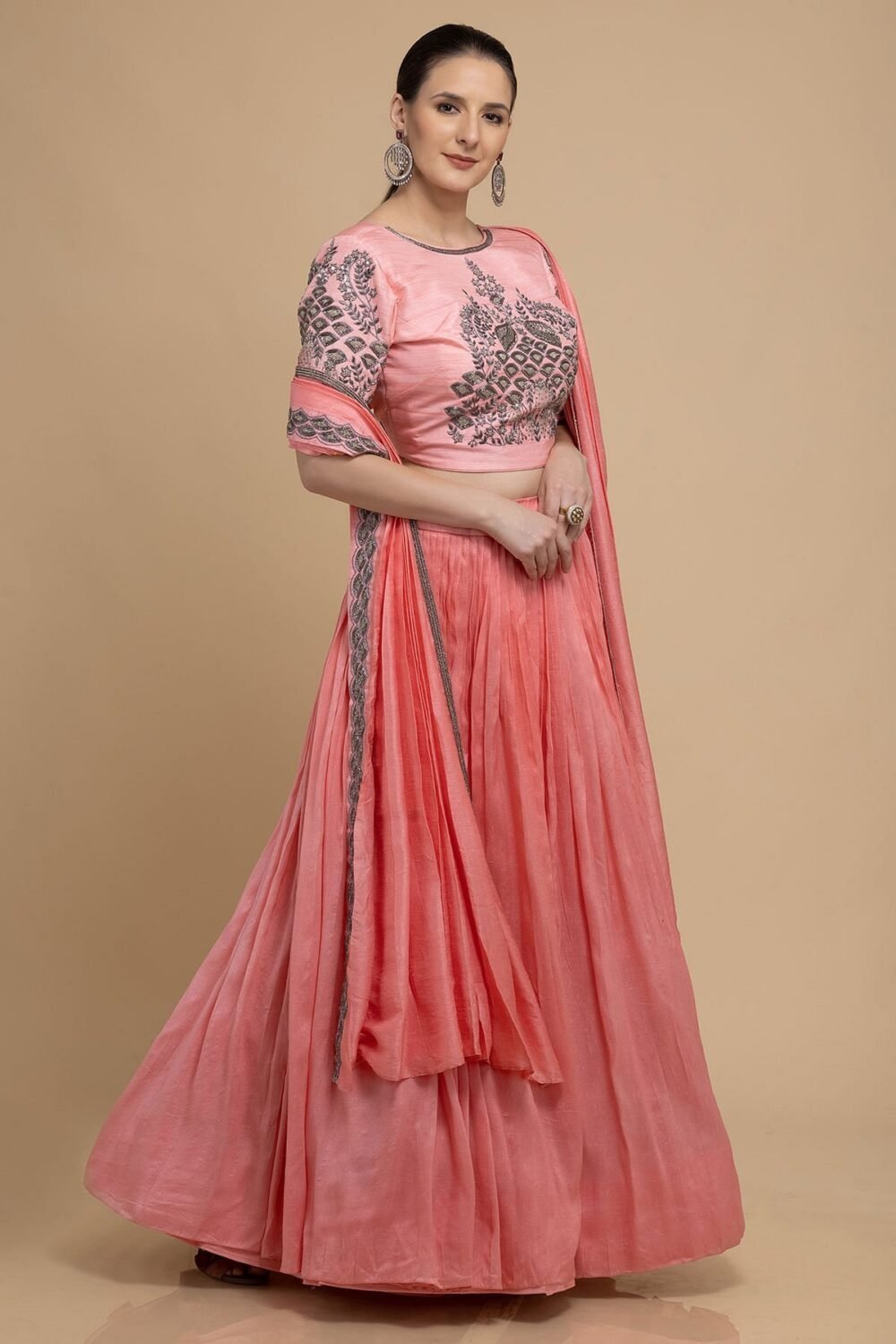 Coral Pink Cutdana Embroidered Georgette Designer Lehenga - Image 4