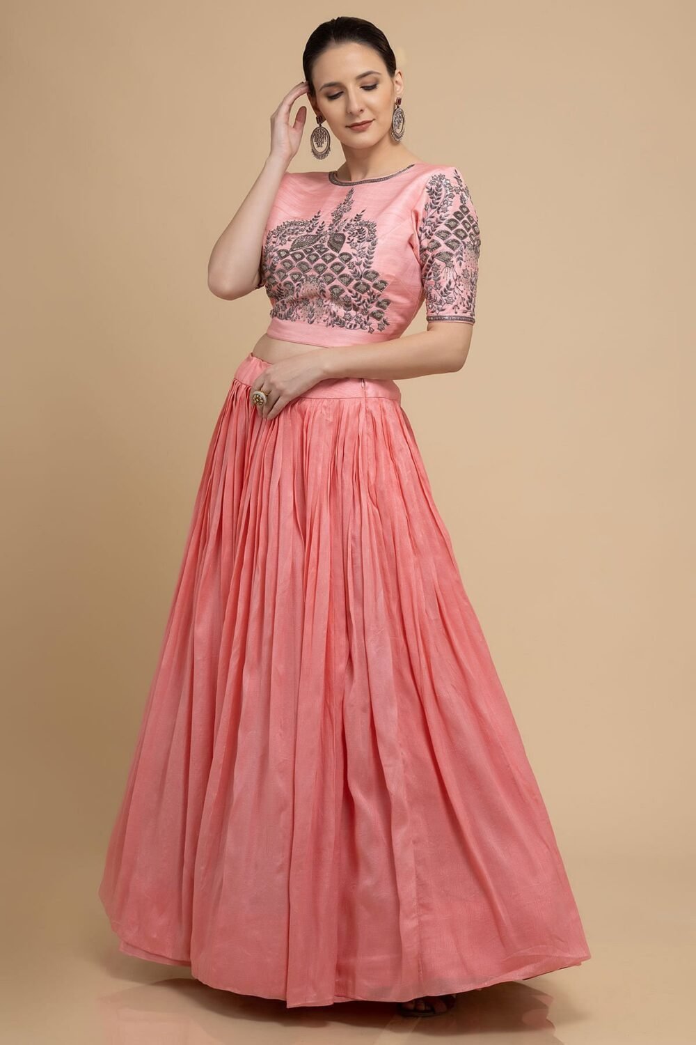 Coral Pink Cutdana Embroidered Georgette Designer Lehenga - Image 3