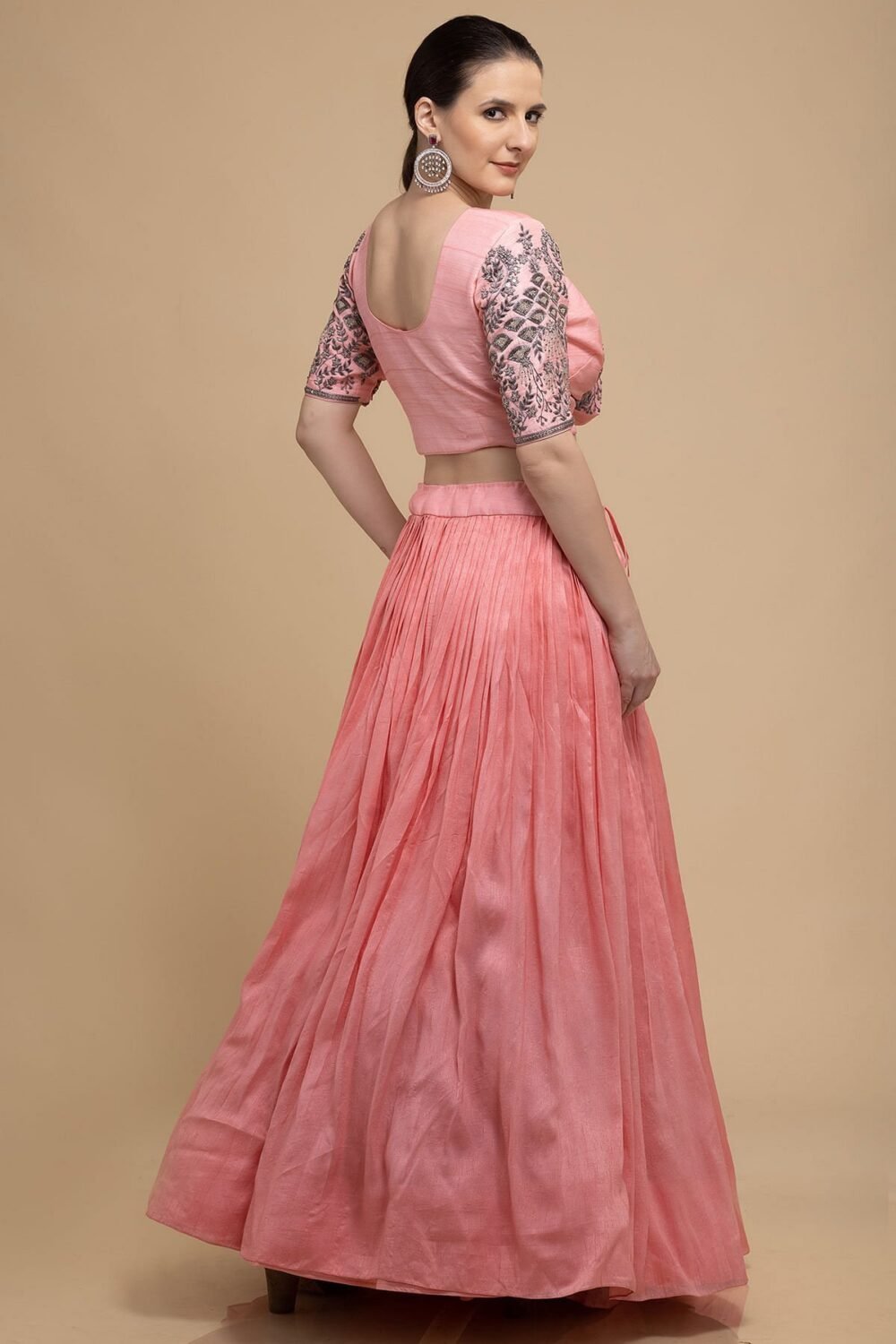 Coral Pink Cutdana Embroidered Georgette Designer Lehenga - Image 2