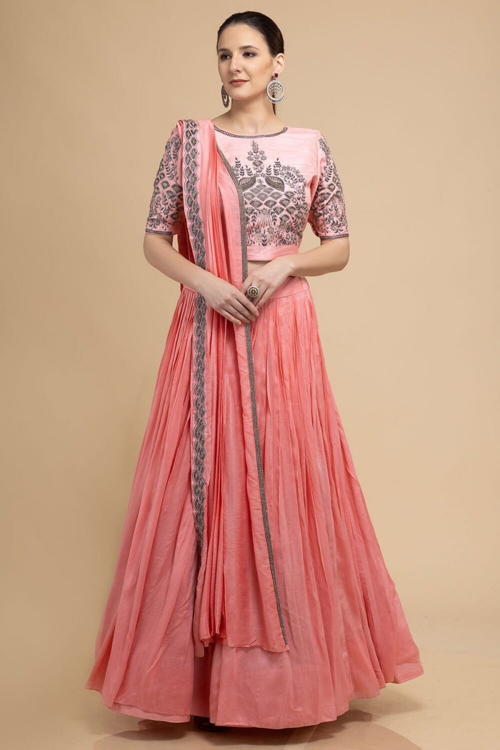 Coral Pink Cutdana Embroidered Georgette Designer Lehenga - Image 5