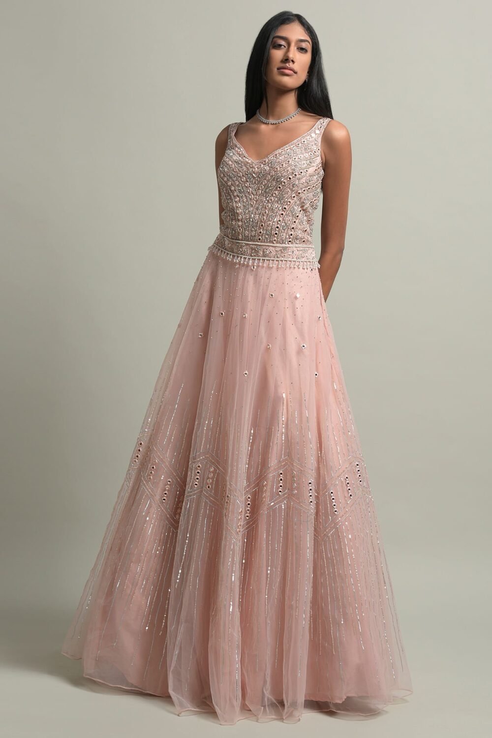 Light Peach Stone Embroidered Net Evening Gown - Image 3