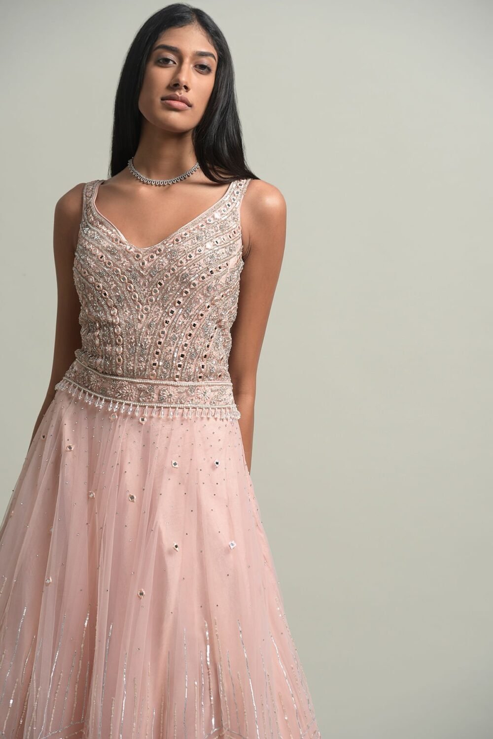 Light Peach Stone Embroidered Net Evening Gown - Image 2