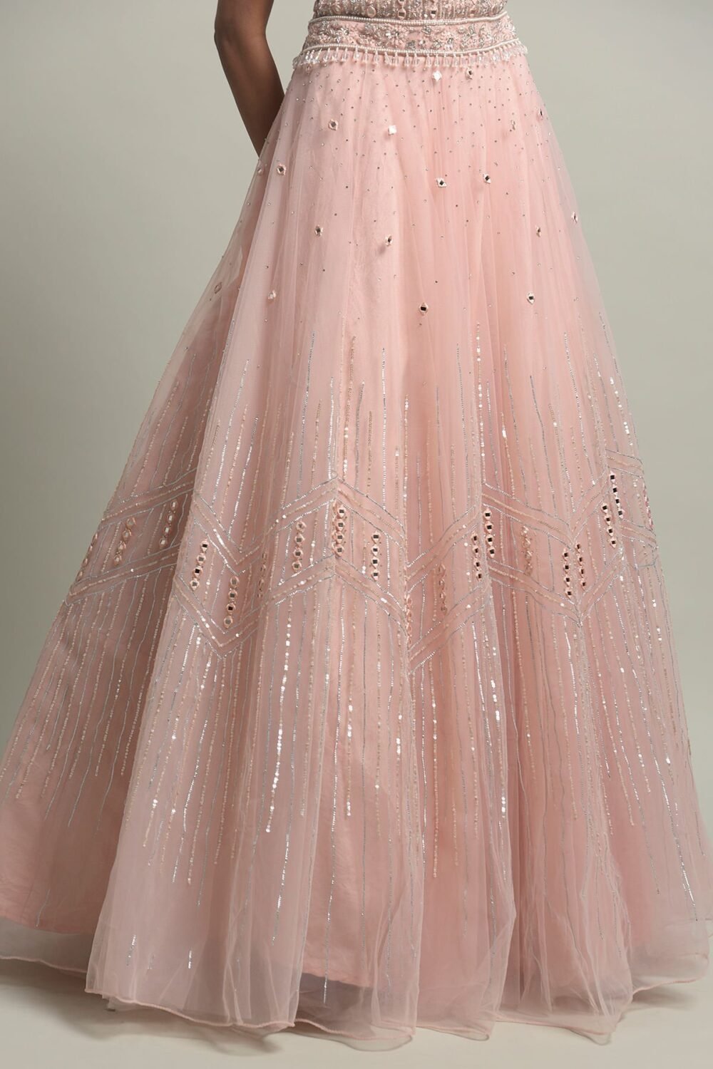 Light Peach Stone Embroidered Net Evening Gown - Image 4