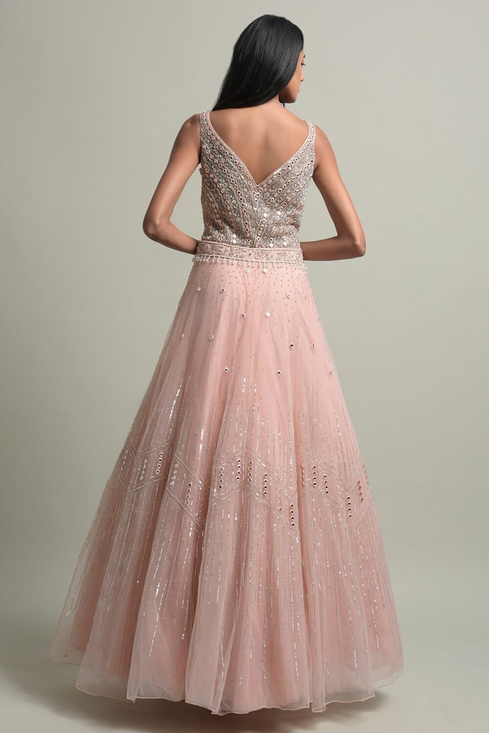 Light Peach Stone Embroidered Net Evening Gown - Image 5