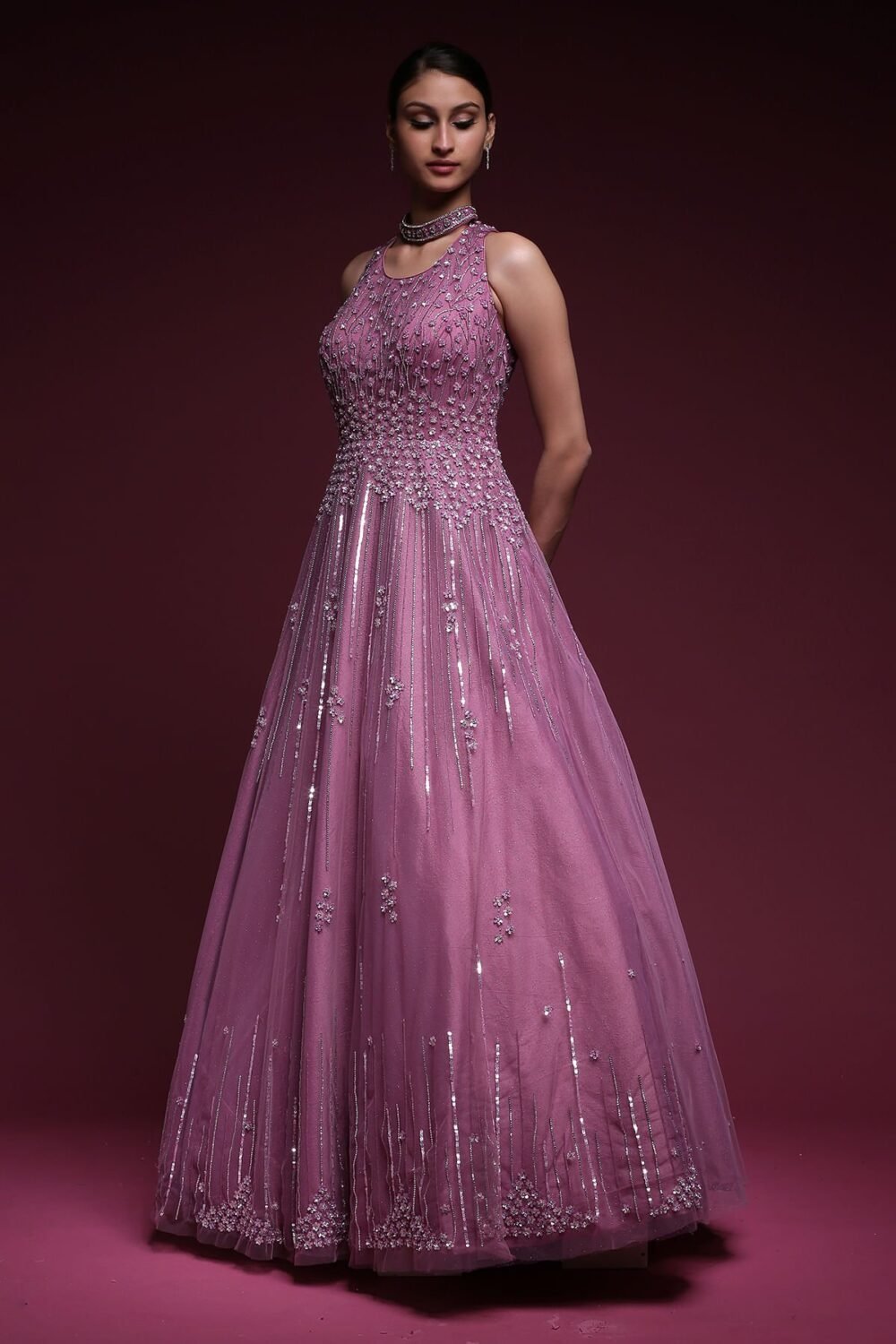 Mauve Stone Embroidered Net Evening Gown