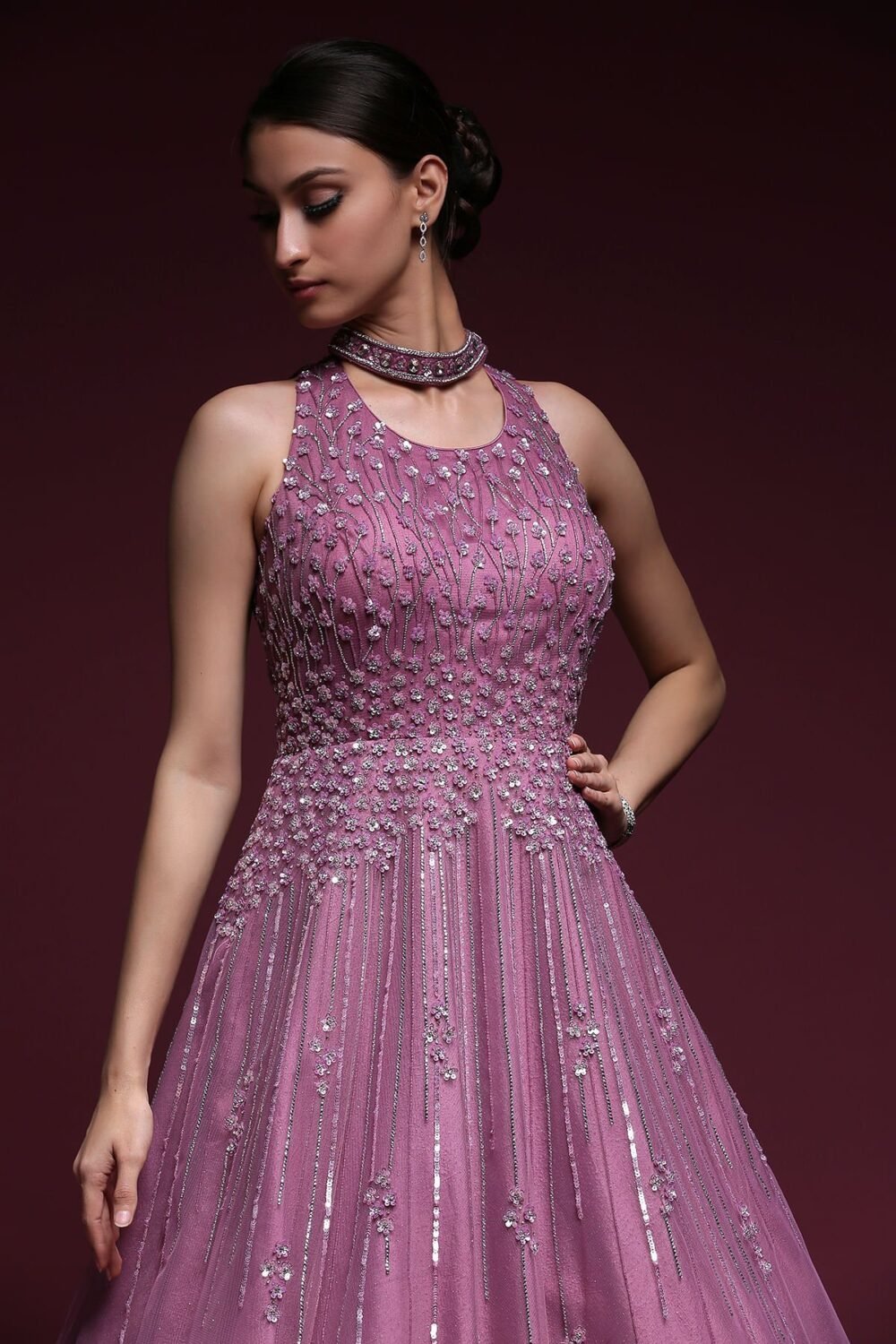 Mauve Stone Embroidered Net Evening Gown - Image 2