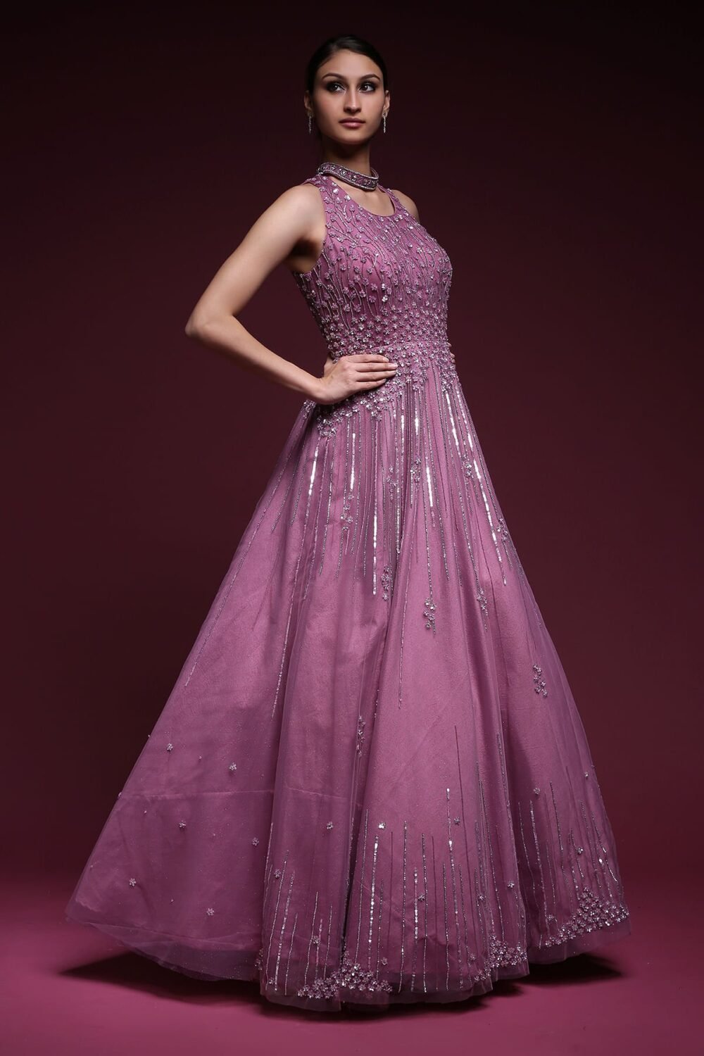 Mauve Stone Embroidered Net Evening Gown - Image 3