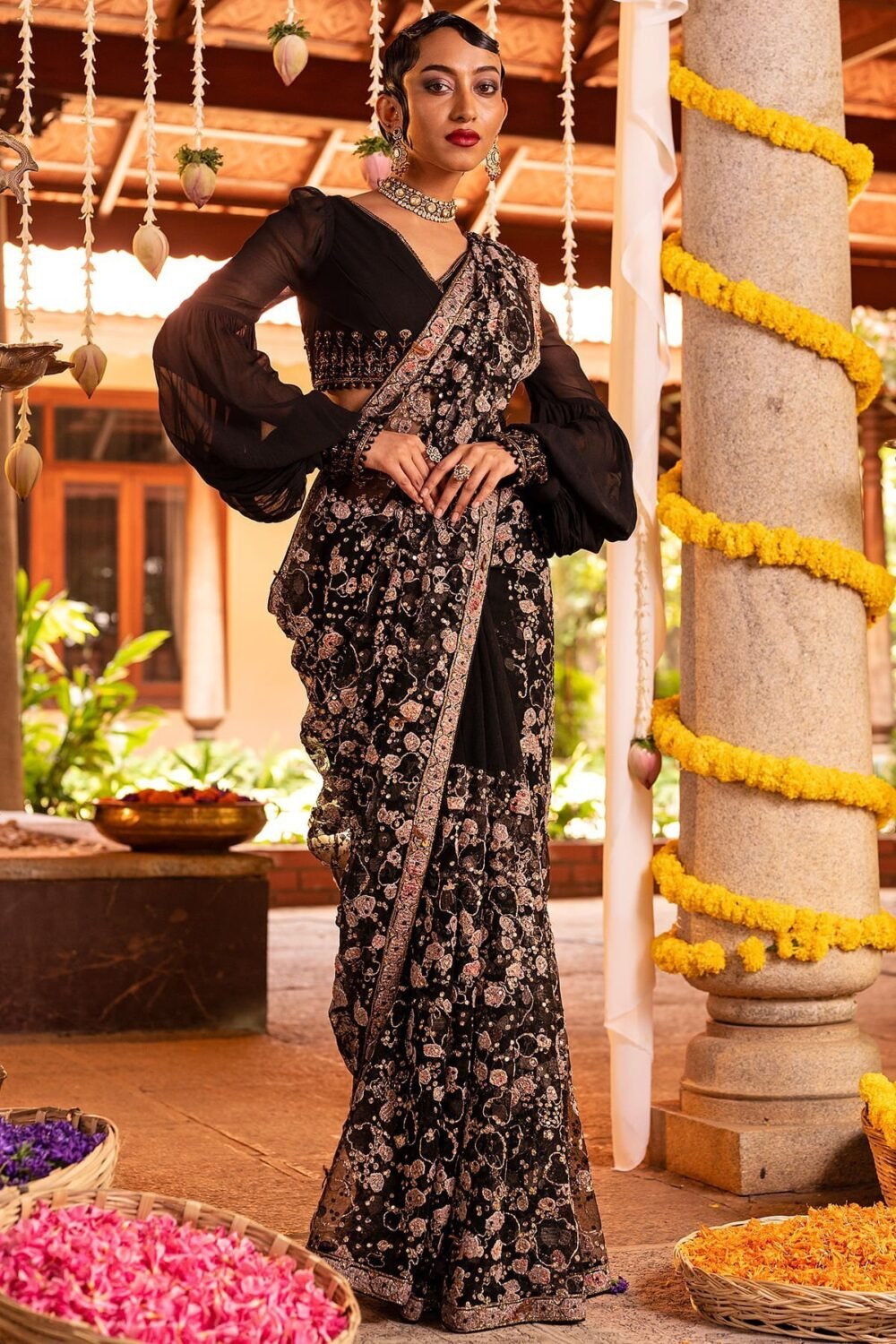 Black Sequins Embroidered Party Wear Net Saree