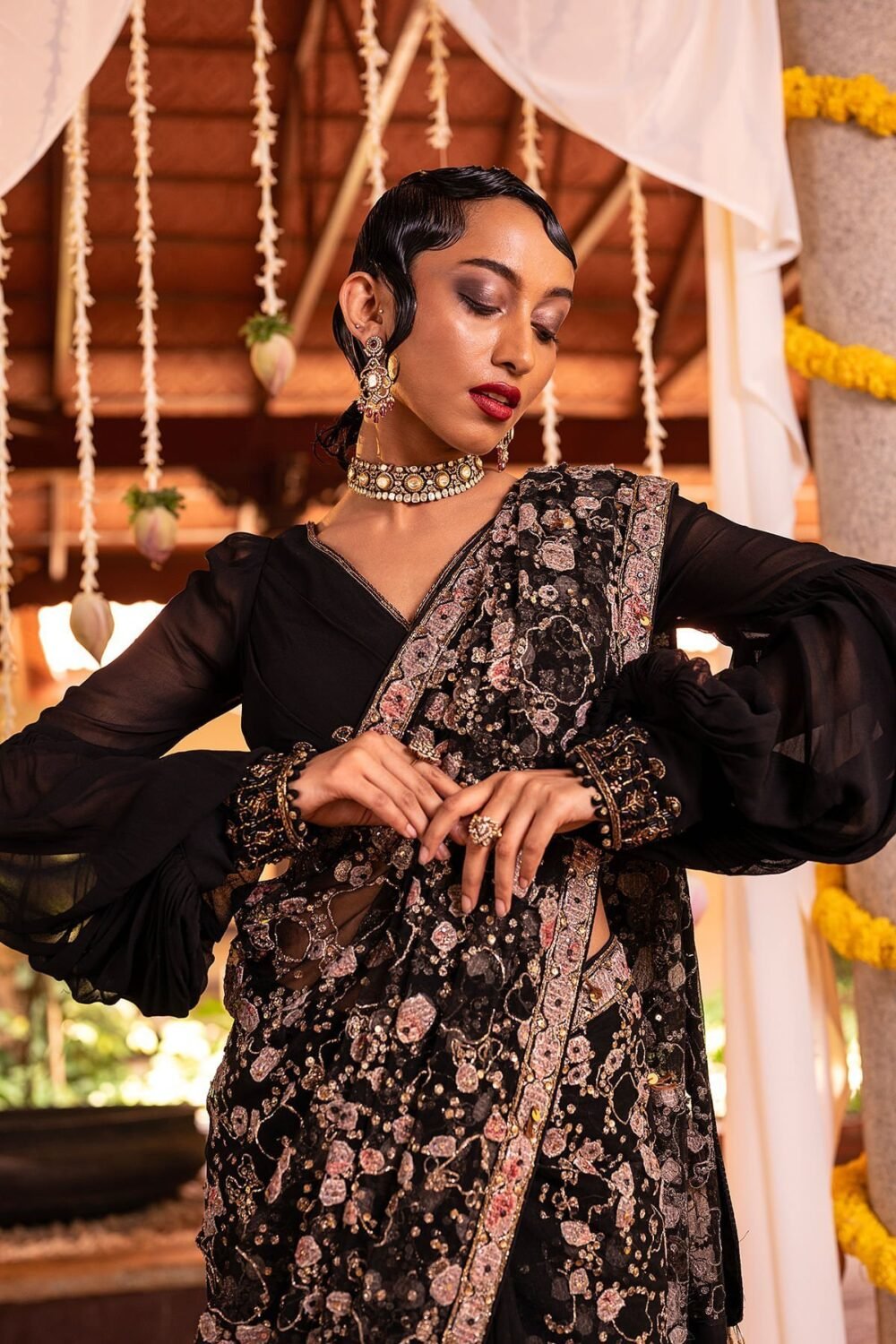 Black Sequins Embroidered Party Wear Net Saree - Image 2