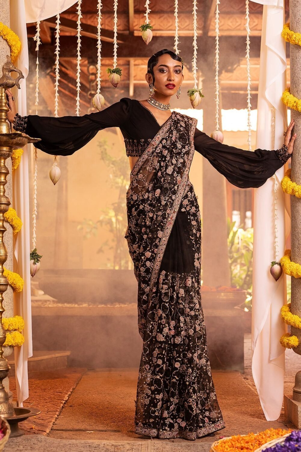 Black Sequins Embroidered Party Wear Net Saree - Image 5